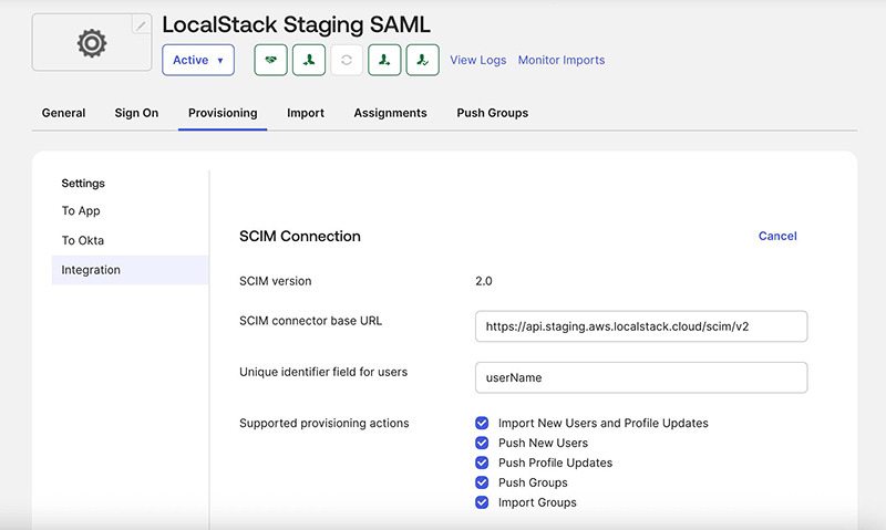 Configuring the SCIM connection settings in Okta