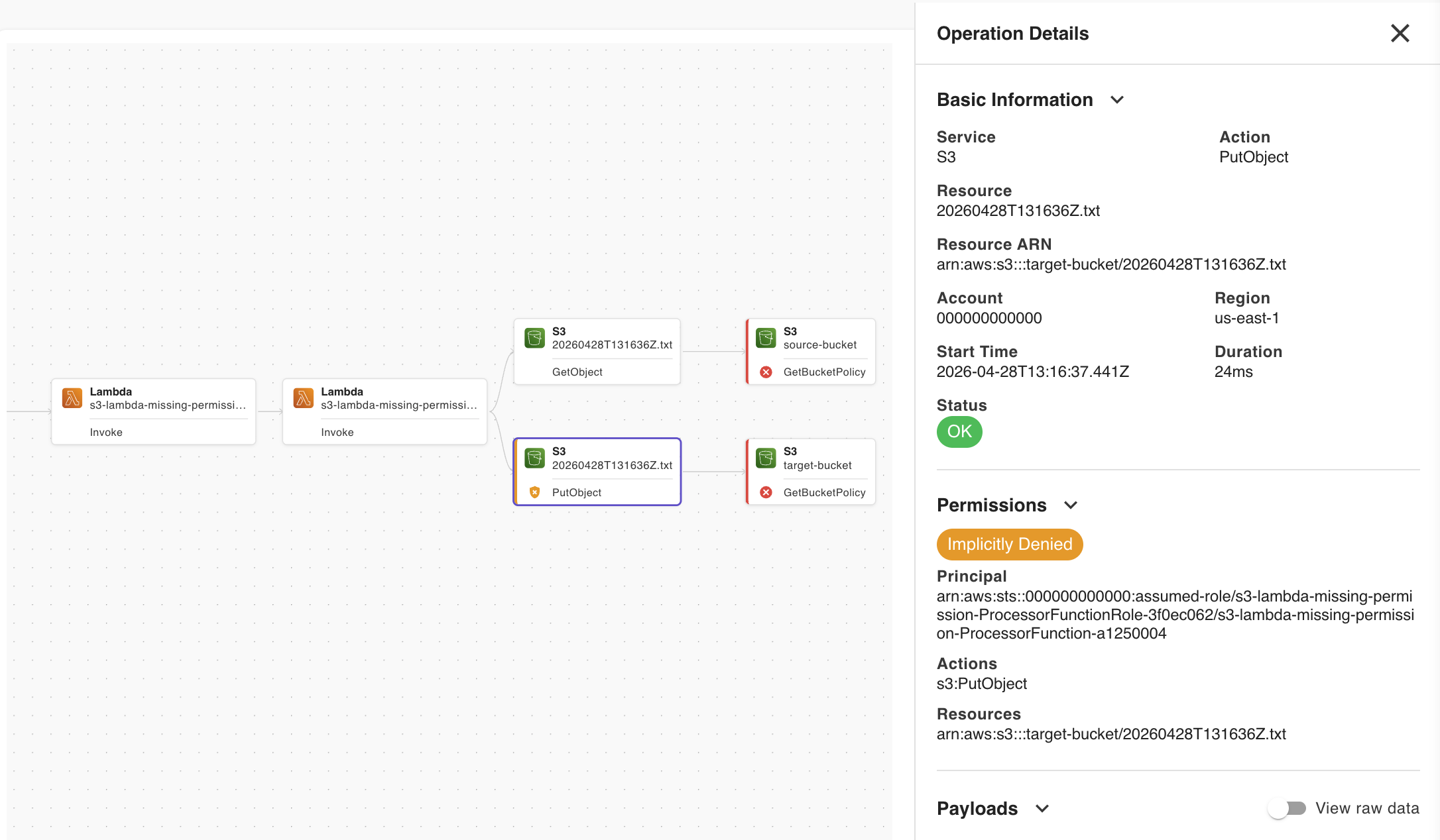 App Inspector operation details panel showing service, resource, payloads, and status for a Lambda invocation