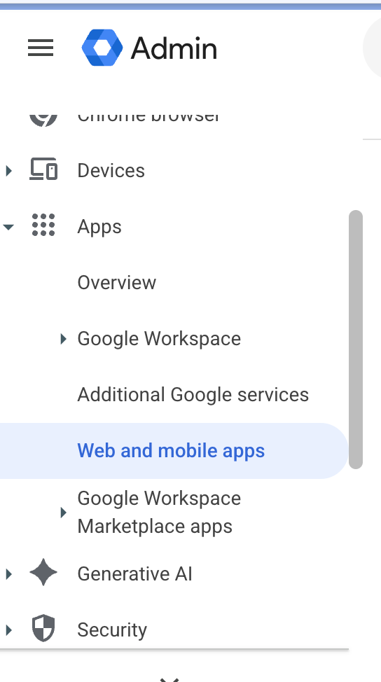 Navigate to Web and mobile apps in Google Workspace Admin Console
