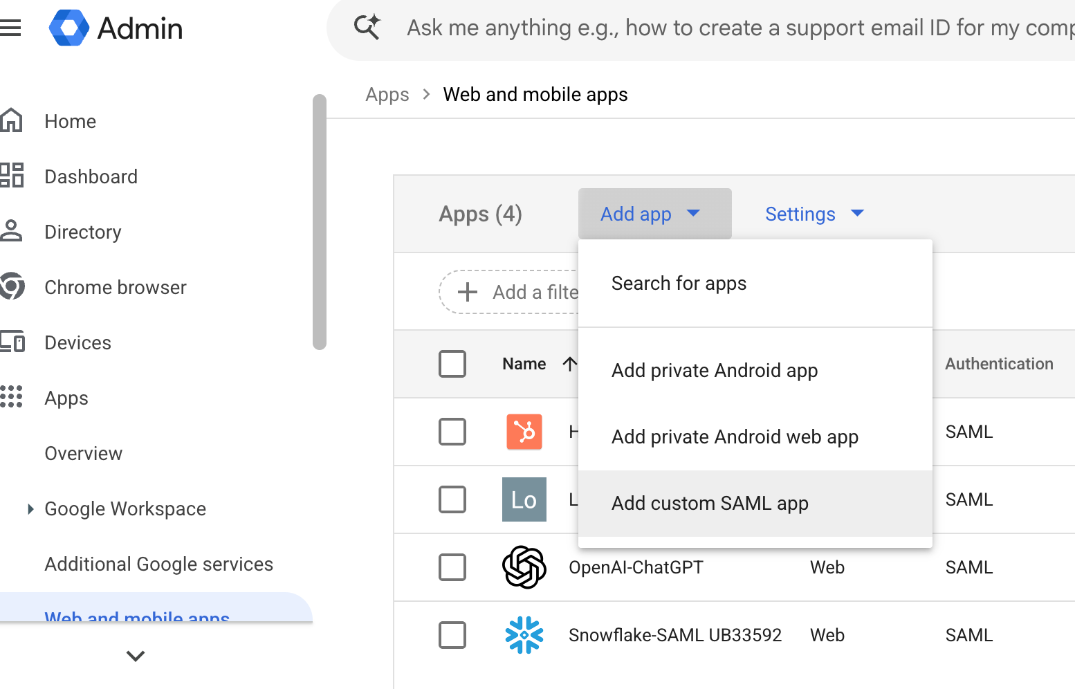 Add a custom SAML app in Google Workspace