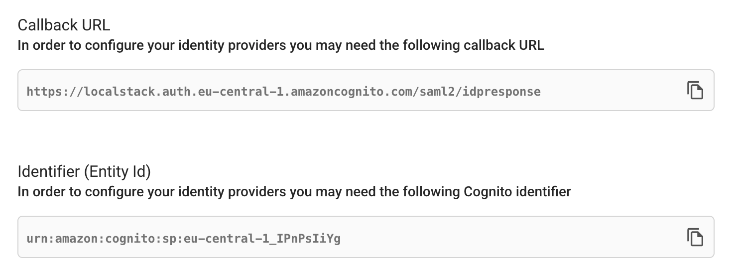 Callback URL and Identifier (Entity Id) in the LocalStack Web Application