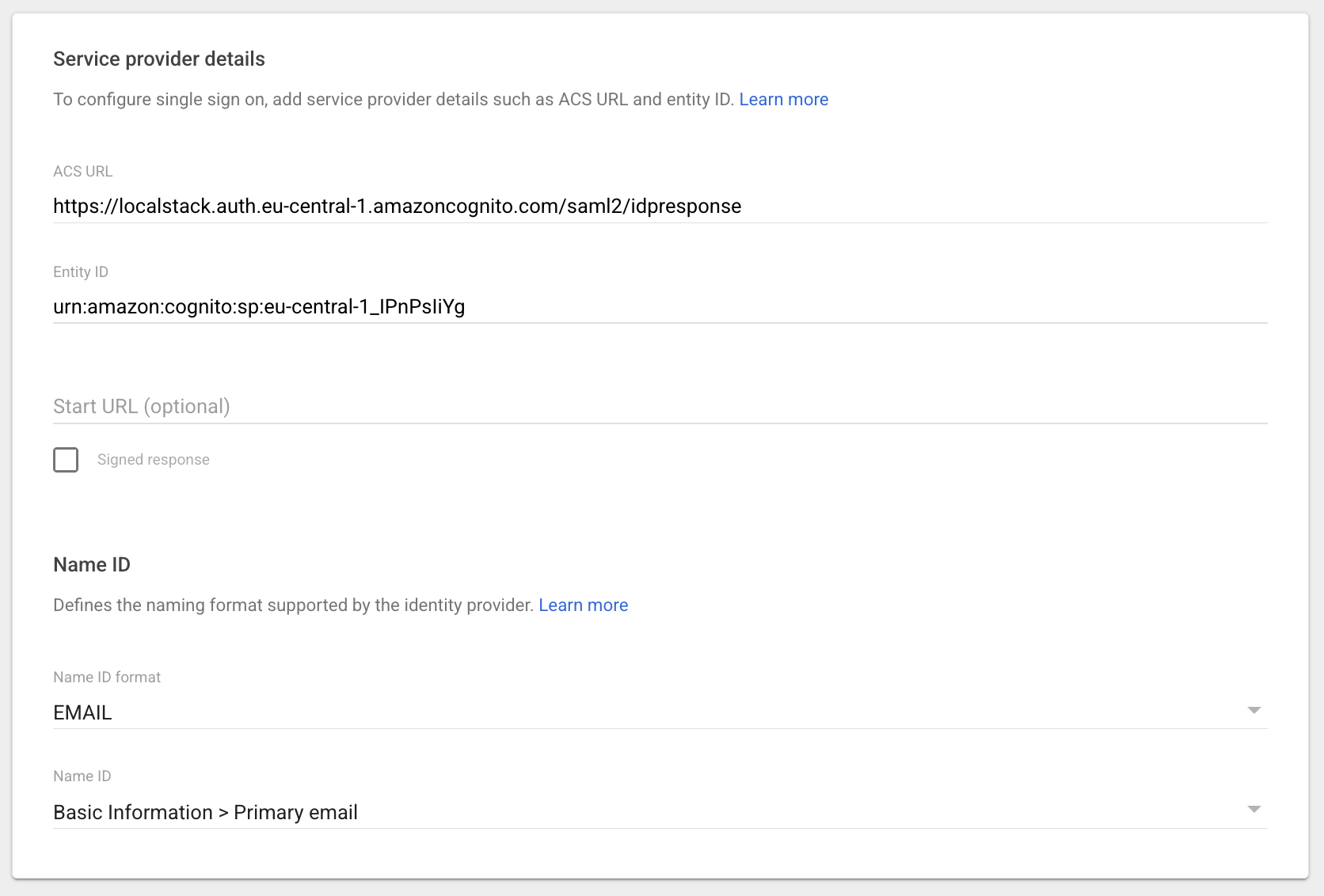 Google Workspace Service provider details, including ACS URL, Entity ID, and Name ID