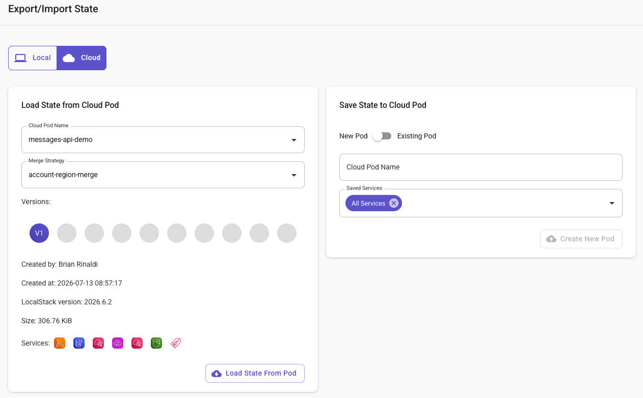 Cloud Pods Load State from Cloud Pod dialog
